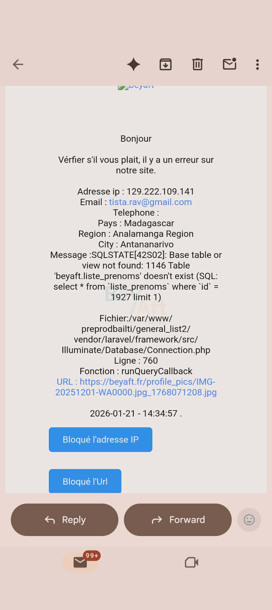 Avant - alerte d'erreur serveur Autres